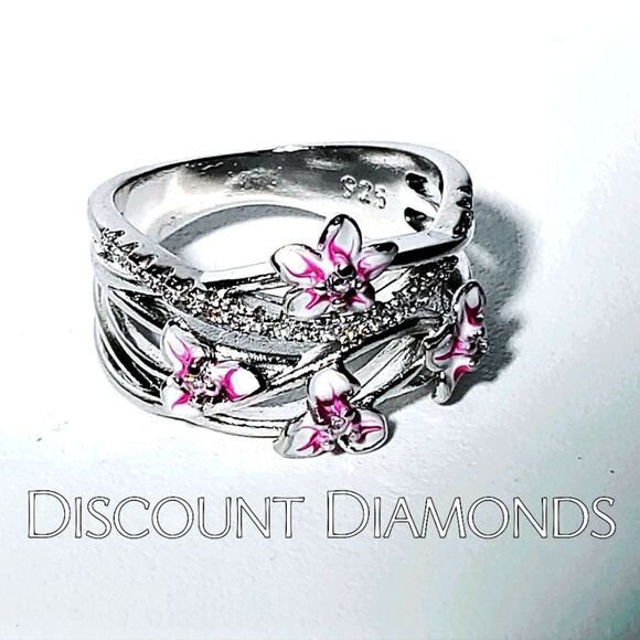 Pink Flower Clear White Diamond Ring on 925 Sterling Silver - Women's - Picture 4 of 7